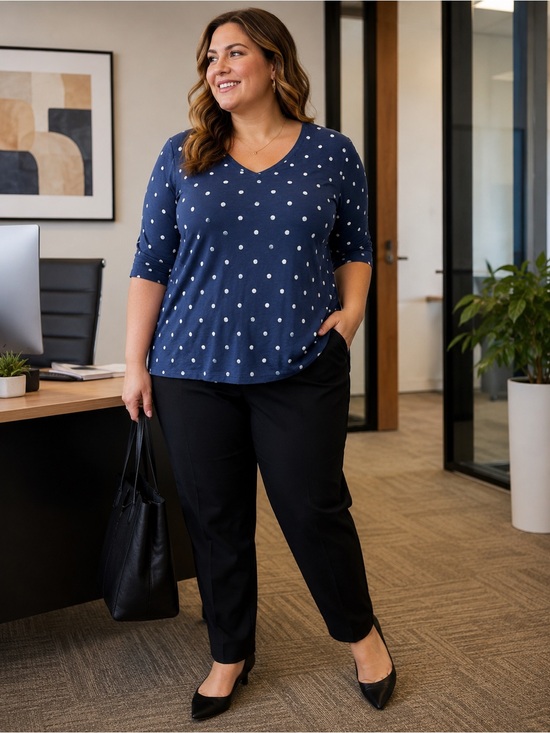 Lane Bryant Tops - Lane Bryant Navy Blue White Polka Dot Top 1X 14/16 Elbow Sleeve Cotton Modal